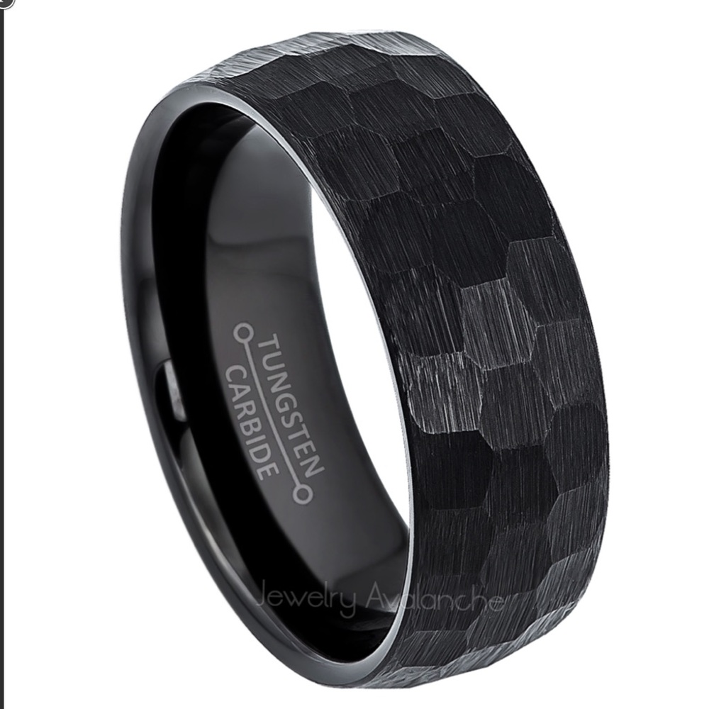 Men’s Tungsten Carbide Dome Black Hammered Wedding Band - 8mm Comfort Fit